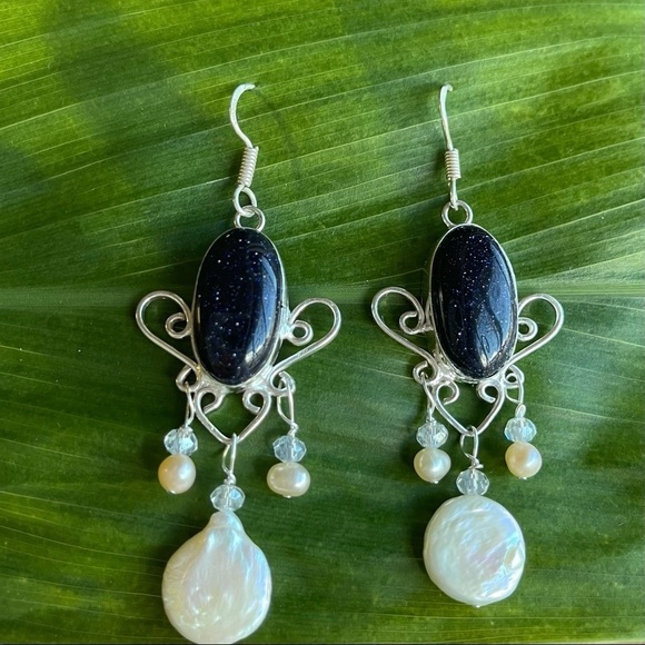 Sterling Silver 925 Blue Goldstone Dangle Earrings - Picture 3 of 9